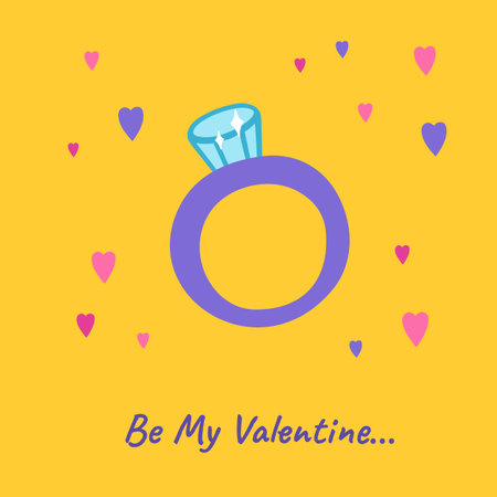 Engagement ring cartoon greeting card. Marriage concept Wedding invitation or Valentines Day postcard, congratulations poster, anniversary celebration. Hand drawn modern vector design illustrationのイラスト素材
