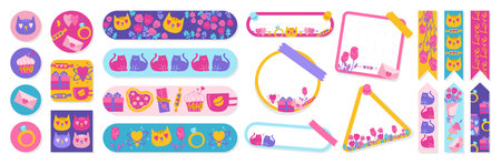 Bookmark and sticker stationery set with Valentines Day elements design. Paper book mark template sticky patch. Child badge design for book notepad reminder with romantic drawings Vector illustrationのイラスト素材