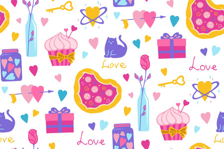 Valentines Day romantic elements seamless pattern. Simple repeating texture hand drawn love design for fabric textile, wrapper backdrop. Cute abstract drawings trendy boundless print backgroundのイラスト素材