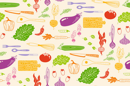 Vegetables cartoon seamless pattern. Vegetable boundless background. Vegetarian childish healthy food endless design for paper print, fabric textile, wrapper backdrop, repeat template packaging vectorのイラスト素材