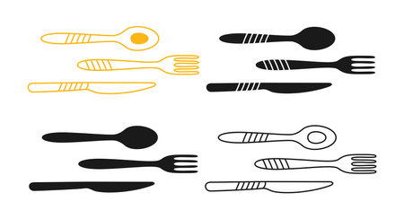 Restaurant sign with spoon, fork and knife. Kitchen cutlery and crockery linear icon, cartoon symbol set. Eating utensils tableware simple symbol for infographic, website app logo. Vector illustrationのイラスト素材