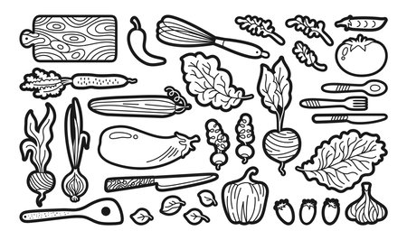 Vegetables and kitchen utensils cartoon outline sticker set. Vegetable carrot, cucumber, lettuce pepper or onion garlic etc. Hand drawn healthy diet farm product. Doodle fresh vegetarian menu vectorのイラスト素材