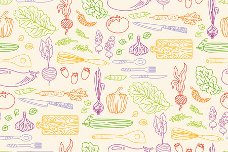 Vegetables cartoon seamless background pattern. Vegetarian childish healthy food. Vegetable endless boundless baby design for paper print, textile, wrapper backdrop, repeat template packaging vectorのイラスト素材