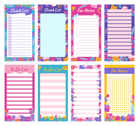 Notepaper to do list page, lined or grid Notepad set with Valentines Day elements design. Weekly daily planner note paper kit. Stationery copybook frame with romantic drawings vector illustrationのイラスト素材