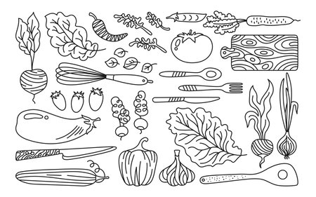 Vegetables and kitchen utensils cartoon doodle set. Vegetable carrot, cucumber, lettuce, pepper or onion garlic etc. Hand drawn healthy diet farm product. Doodle fresh vegetarian menu line vectorのイラスト素材