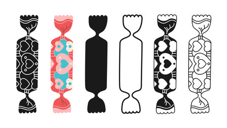 Wrapped candy with doodle ornament. Cartoon symbol bonbon, stamp lollipop, line sweets snack design set. Tasty sugar dessert food childish wrapped caramel yummy candy graphic vector illustrationのイラスト素材