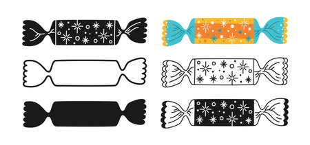 Wrapped candy with doodle ornament. Cartoon symbol bonbon, stamp lollipop, silhouette, line icon sweets snack design set. Tasty sugar dessert childish food. Wrapped caramel candy vector illustrationのイラスト素材