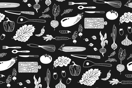 Vegetables cartoon seamless background pattern. Vegetarian childish healthy food. Vegetable endless boundless design for paper print, fabric textile, wrapper backdrop, repeat template packaging vectorのイラスト素材