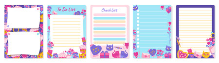 Notepaper lined or grid Notepad set with Valentines Day elements design. Weekly daily planner, note paper, to do list page kit. Stationery copybook frame with romantic drawings vector illustrationのイラスト素材