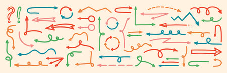 Set of hand drawing arrows doodle bold marker. Childish multi colored drawn direction pointers sign. Ideal for adding playful touch presentations designs kid projects, infographics statistics vectorのイラスト素材