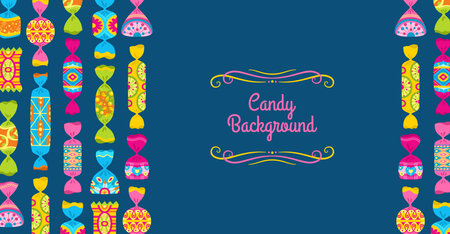 Banner with cartoon wrapped candy. Simple sweets and place for text poster candy shop celebration. Tasty sugar dessert various shape postcard for childish party. Wrapped cartoon vector backgroundのイラスト素材