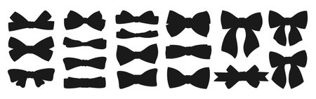 Ribbon bows silhouette set. Various shape cartoon bow knot gift tape ribbon stencil hair accessory. Trendy elegant adornment Valentines Day wedding celebration birthday decoration. Vector illustrationのイラスト素材