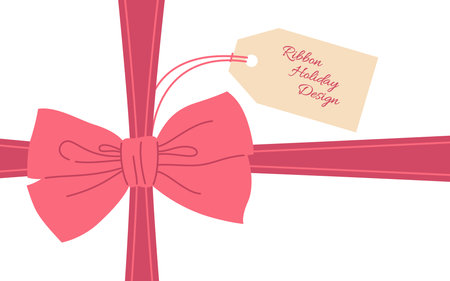 Ribbon tape gift card design template. Banner or postcard with bow ribbon and sale price tag. Invitation, anniversary greeting or discount gift certificate background decor knot. Vector illustrationのイラスト素材