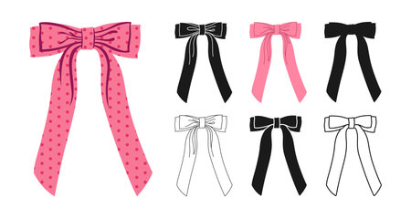 Ribbon bows dotted symbol set. Trendy holiday tape sign for celebrations silhouette, icon linear design. Cute cartoon bow knot gift ribbon party accessory. Glamour hand drawn vector illustrationのイラスト素材