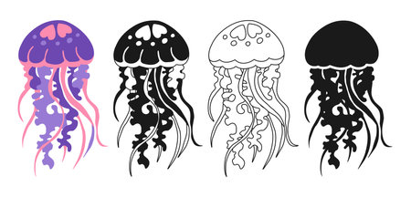 Sea jellyfish cartoon hand drawn sign set. Ocean cute medusa underwater swimming animal flat silhouette, symbol linear design. Comic marine swimming jellyfish animal for children vector illustrationのイラスト素材