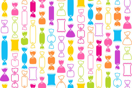 Candy wrapped sweets seamless pattern. Bonbon lollipop trendy caramel boundless background. Tasty sugar snack endless bright cartoon design for paper print, fabric textile, wrapper backdrop vectorのイラスト素材