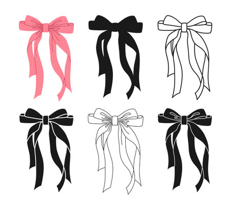 Ribbon bows romantic symbol set. Trendy festive tape sign for celebrations silhouette, icon linear design. Various cartoon bow knot gift ribbon silk accessory. Cute outline cartoon vector illustrationのイラスト素材