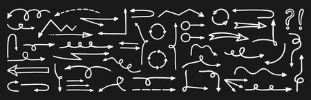 Hand drawn line arrows doodle set. Freehand different curved lines, swirls arrows isolated vector. Arrows ideal for adding playful touch to presentations, designs projects, infographics and statisticsのイラスト素材