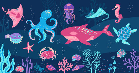 Ocean sea animals hand drawn cartoon illustration art. Marine comic children design jellyfish, seashell seahorse, fish. Nautical undersea starfish, turtle octopus, crab, whale, medusa vector flat setのイラスト素材