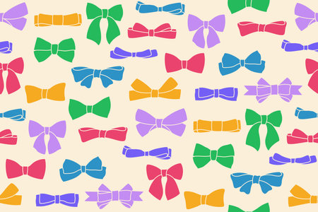 Ribbon bows colorful seamless pattern. Trendy elegant simple endless ornament bow tape for decoration celebration. Various cartoon knot gift symbol ribbon boundless background. Vector illustrationのイラスト素材