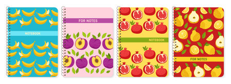 Notebook planner cover set with exotic fruits. Fresh sliced fruit design for planner, brochure book catalog. Notepad with pomegranate banana plum pear. Layout page print template poster trendy vectorのイラスト素材