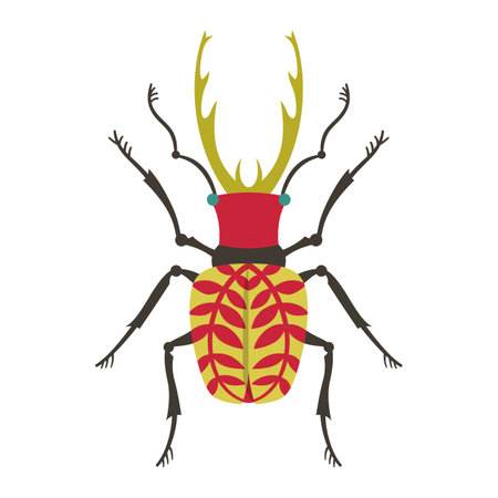 Horned beetle whimsical folk art insect illustration. Abstract fantasy bug with colorful patterned wings. Stylized beetle clipart for children. Fancy funny vintage bug isolated symbol vector designのイラスト素材