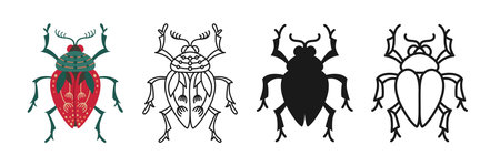 Beetles symbols cartoon set. Stylized bugs linear doodle icon. Abstract folk art insects flat hand drawn emblem collection. Sign simple shape insect. Vector isolated graphic illustrationのイラスト素材