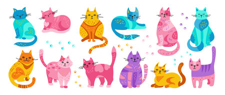 Cats hand drawn cartoon childish set. Cute kitten with ornament. Pet with pattern, modern funny animal design for kids. Colorful cats in different poses. Mammal drawing character vector illustrationのイラスト素材