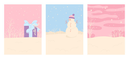 Flat winter landscape trendy cover design set. Design snowy weather backgrounds with snowman, gift box, snowfall. Brochure catalog page notebook planner. Editable art vector illustration for childrenのイラスト素材