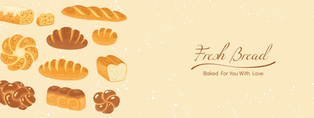 Bread loaf and pastry products cartoon template background. Poster with simple whole grain wheat loaf bread, French baguette wheat rye bread bun. Bakery pastry textured cover art vector illustrationのイラスト素材