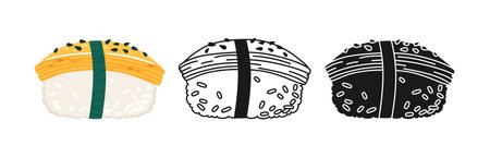 Sushi Nigiri with omelet symbol cartoon set. Traditional Asian Japanese food linear doodle icon. Sushi seafood vector illustration. Stylized doodle design sign for oriental menu, cafe, bar, restaurantのイラスト素材