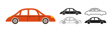 Simple modern Car icon symbol cartoon set. Hand drawn cute automobile car in multiple styles colored, silhouette, outline kid collection. Simple children funny auto transport icon vector illustrationのイラスト素材
