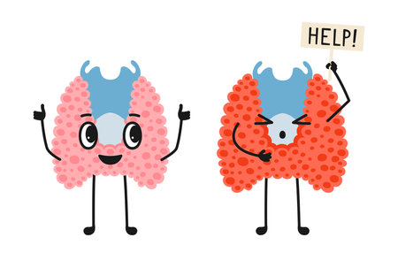 Two thyroid mascot glands healthy and unhealthy cartoon childish illustration. Happy thyroid gland giving thumbs up and sad sick body organ character. Check health organ. Vector medical comic posterのイラスト素材