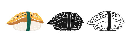 Sushi Nigiri with eel symbol cartoon set. Traditional Asian Japanese food linear doodle icon. Sushi seafood vector illustration. Stylized doodle design sign for oriental menu, cafe, bar, restaurantのイラスト素材