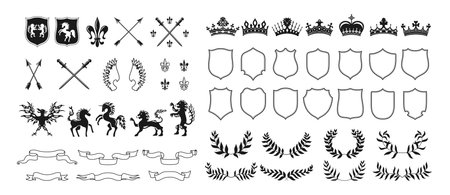 Heraldic crest or coat of arms vector set. Heraldry elements animals unicorn, lion, eagle, wings, swords and arrows, ribbons, wreaths, crowns, heraldic lily flower. Medieval emblems fantasy kingdomのイラスト素材