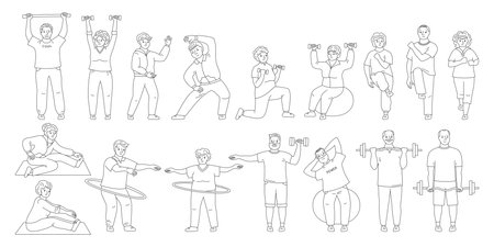 Older people play sports doodle set. Elderly characters old men, women, senor senoras hobbies. Adult seniors running, fitness exercises, gymnastics in gym cardio yoga class stretching jogging vectorのイラスト素材
