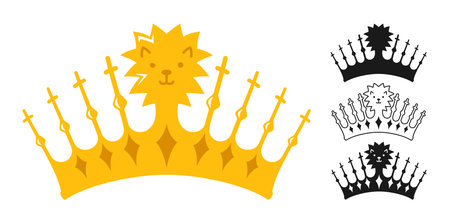 Crown symbol gold set. Royal luxury crown with royal lion icon collection. Heraldry diverse king or queen crowns designs elements art vector illustration isolated, symbolizing power, authorityのイラスト素材
