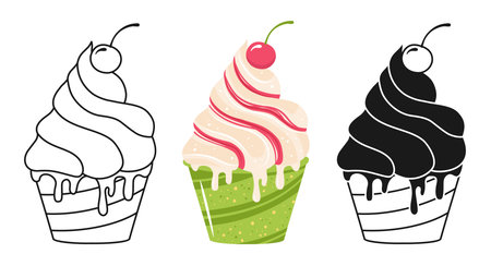 Ice cream symbol cartoon set. Fruit cherry gelato scoop melting dripping ice cream illustration. Summer dessert liquid Ice cream scoop linear doodle icon. Vector design hand drawn sweet stylized signのイラスト素材