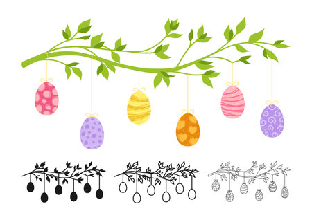 Branch with Easter eggs symbol cartoon set. Happy Easter decoration flat hand drawn linear doodle icon. Simple stylized sign, vector illustration isolated on white backgroundのイラスト素材