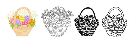Happy easter eggs in basket symbol cartoon set. Easter childish illustration basket full of decorated eggs and spring flowers linear doodle icon. Vector isolated on white backgroundのイラスト素材