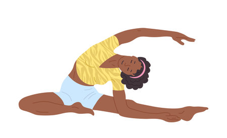 Woman practicing yoga and Pilates exercise cartoon illustration. Young girl in relaxed pose stretching, balance relaxation. Healthy lifestyle fitness, wellness meditation concept in flat graphic styleのイラスト素材
