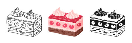 Piece of Cake with sponge cake, cream and cherries texture symbol cartoon set. Sweet holiday pastry dessert linear doodle icon. Abstract Birthday cake simple stylized sign Vector illustrationのイラスト素材