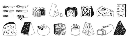 Cheese hand drawn black and white glyph set illustration. Different types of cheese contour Brie, Camembert, Swiss cheese with holes, Parmesan. Vector doodle line design for food or dairy projectsのイラスト素材
