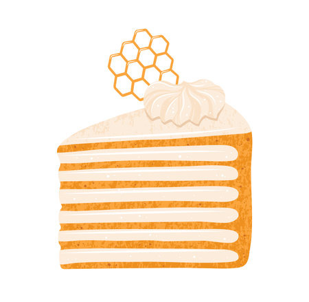 Piece of honey cake texture grained illustration. Sweet holiday bakery honey pie with honeycomb art. Vector hand drawn cartoon design for menus, signboards, showcases prints, posters, wallpaperのイラスト素材