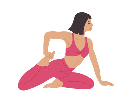 Woman practicing yoga and Pilates exercise cartoon illustration. Young girl leg muscle stretching relaxed pose. Healthy lifestyle fitness, wellness fitness woman meditation concept flat graphic styleのイラスト素材