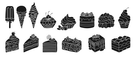 Cakes, pieces of cake and ice cream, different types desserts engraving set. Birthday various slices...
