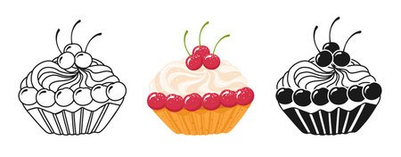 Cream dessert with whipped vanilla cream short crust pastry and cherries hand drawn symbol cartoon...
