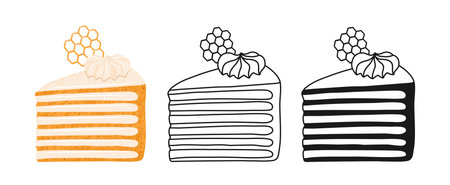 Piece of honey cake symbol cartoon set. Sweet holiday bakery honey pie with honeycomb linear doodle...