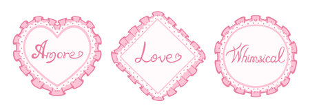 Elegant coquette frame illustration pink set hand drawn cloth ruffles lace borders. Whimsical romantic heart round square diamond shapes. Vintage Victorian mood delicate decorative art nostalgic charmのイラスト素材