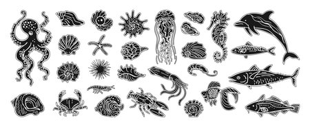 Hand drawn vector illustration set of underwater marine life featuring octopus, seahorse nautilus shell fish crab, lobster starfish seashells. Modern art stamp press stencil, coastal ocean moodのイラスト素材